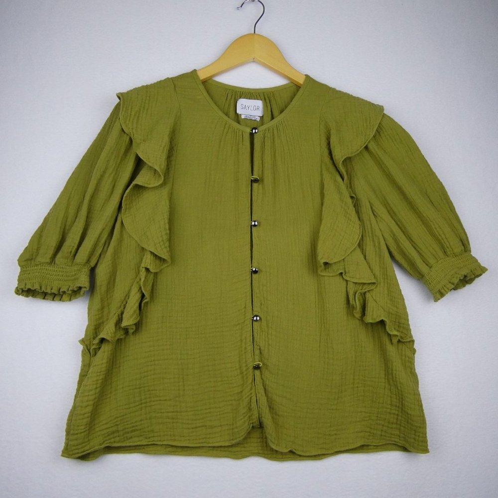 Saylor Revolve Alicia Top Gauze Peasant Blouse Button Up Ruffle Green Size Large
